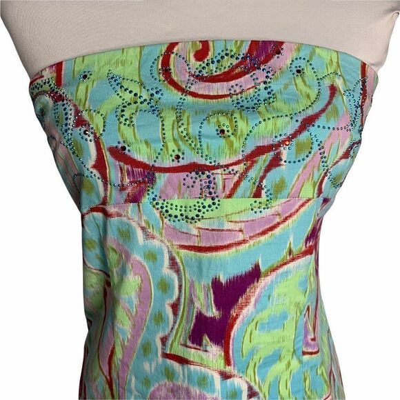 Ruth Strapless Embellished Midi Dress 8 Blue Paisley Stretch A Line - Picture 2 of 6